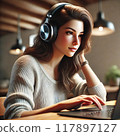 Woman listening to music with headphones in the living room 117897127