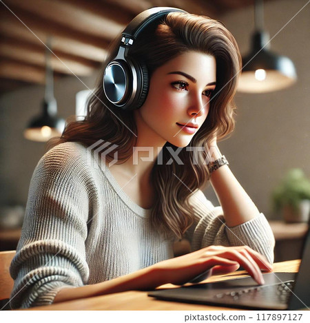 Woman listening to music with headphones in the living room 117897127