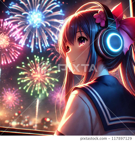 JK listening to music with headphones 117897129