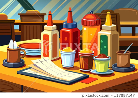A set of spices,sauses and a bill on a table in a restaurant 117897147