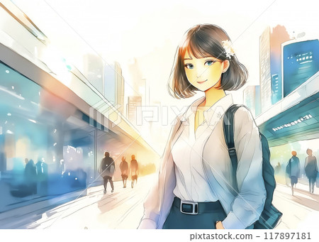 走在城市建成區的女商人看著鏡頭 117897181