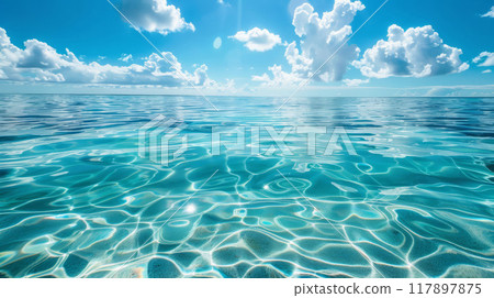 Crystal Clear Waters and Vast Cloud Speckled Sky in Serene Seascape 117897875
