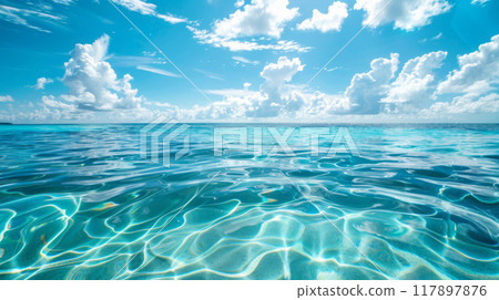 Serenity at Sea with Crystal Clear Waters and Vast Cloud Speckled Sky Serenity at Sea with Crystal Clear Waters and Vast Cloud Speckled Sky 117897876