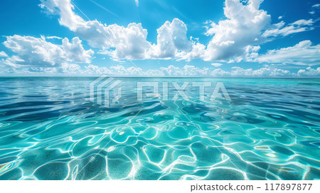 Crystal Clear Waters Meet Vast Cloud Speckled Sky 117897877