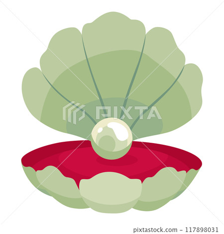 Pearl in seashell. Open seashell scallop and pearl shell icon. Beautiful pearl in clam shell in cartoon flat style. Vector illustration isolated on white background 117898031