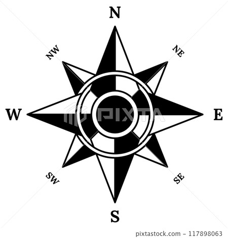 Retro compass icon. Hand drawn wind rose. Old vector design element for marine theme or heraldry. Vintage rose of wind for sea marine navigation 117898063
