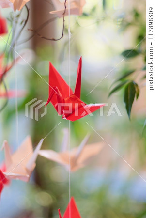 A thousand red cranes hanging from a window 117898309
