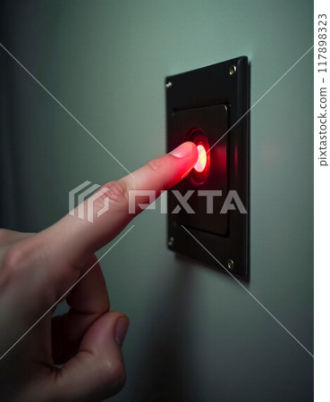Hand pressing a switch button Hand pressing a switch button 117898323
