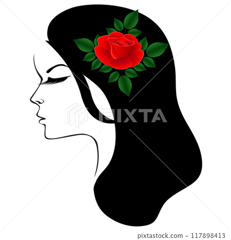 Black and white portrait of a girl in profile with a red rose in her hair. Black and white portrait of a girl in profile with a red rose in her hair. 117898413