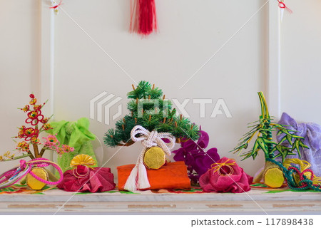 New Year's decorations lined up in a row New Year's decorations lined up in a row 117898438