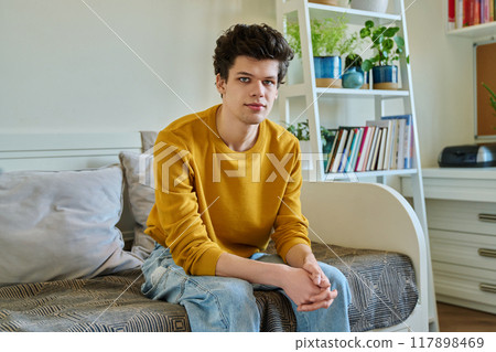 Portrait of handsome guy looking at camera, sitting on couch at home 117898469
