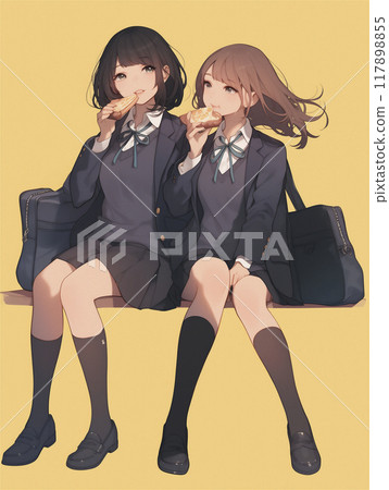 高中女生坐在長椅上一起吃麵包 高中女生坐在長椅上一起吃麵包 117898855