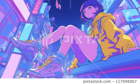 Low angle shot of a girl sitting in the middle of the city 117898867