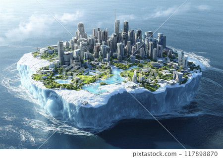 漂浮在海洋中的巨大冰山上的一座城市的鳥瞰圖 漂浮在海洋中的巨大冰山上的一座城市的鳥瞰圖 117898870