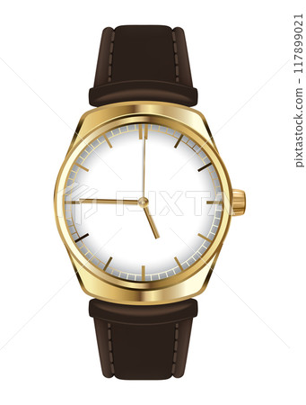 Mechanical watch in classic design. Realistic wristwatch, luxury fashion object for men on white background. Elegant business chronograph with leather bracelet 117899021