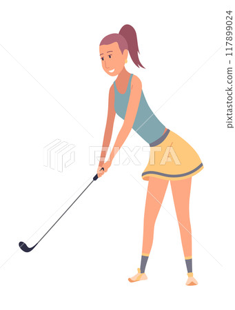 Golf player, female golfer on golf course. Thinking aiming to do good shot. Leisure sport, game on lawn on summer holiday. Flat vector illustration isolated on white background 117899024