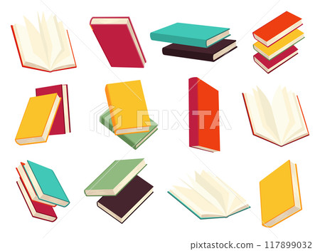 Vector books icon set. Learning or education concept. Different design of books or notebooks. Reading, learn and receive education through books. Read more books 117899032
