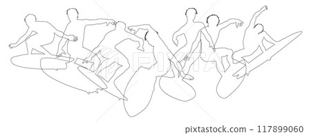 Surfers Surfing on Surf Boards Silhouettes Concept Surfers Surfing on Surf Boards Silhouettes Concept 117899060
