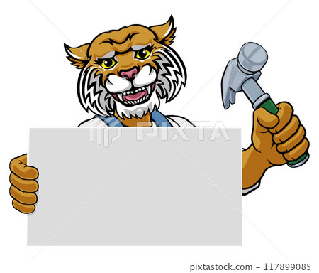 Wildcat Hammer Cartoon Mascot Handyman Carpenter Wildcat Hammer Cartoon Mascot Handyman Carpenter 117899085