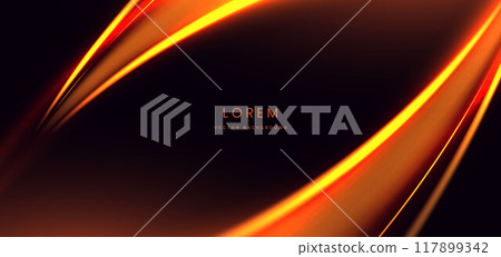 Abstract elegant glowing orange curve line lighting effect on dark purple background. Hi-speed motion moving concept. Abstract elegant glowing orange curve line lighting effect on dark purple background. Hi-speed motion moving concept. 117899342