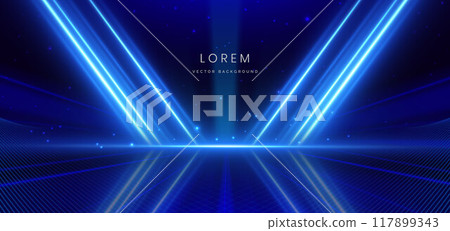 Abstract futuristic glowing blue neon light lines with speed motion moving on dark blue background. Abstract futuristic glowing blue neon light lines with speed motion moving on dark blue background. 117899343
