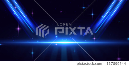 Scence futuristic glowing blue neon light ray with speed motion moving on dark blue background. Scence futuristic glowing blue neon light ray with speed motion moving on dark blue background. 117899344