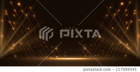 Abstract glowing gold diagonal lighting lines on dark background with lighting effect and sparkle with copy space for text. Luxury design style. Abstract glowing gold diagonal lighting lines on dark background with lighting effect and sparkle with copy space for text. Luxury design style. 117899345