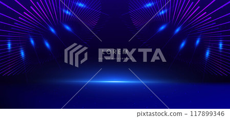 Scene futuristic neon glowing blue light lines with on dark blue background and lighting sparkle. Scene futuristic neon glowing blue light lines with on dark blue background and lighting sparkle. 117899346