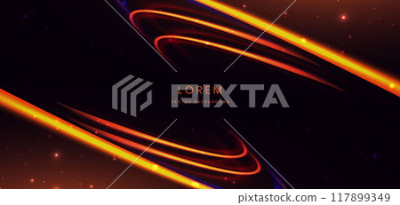 Abstract futuristic curved glowing neon blue and orange light ray on dark background with lighting effect. Abstract futuristic curved glowing neon blue and orange light ray on dark background with lighting effect. 117899349