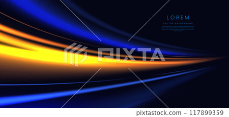Blue and gold neon light curve effect on dark blue background. Blue and gold neon light curve effect on dark blue background. 117899359
