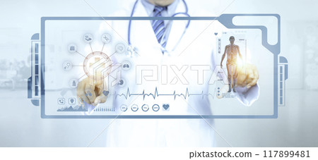 Medical Technology diagnosis of cardiac concepts. Doctor Hand pointing to Virtual screen body diagnosis. Medical Technology analysis the Network connection virtual screen. Hospital blur background Medical Technology diagnosis of cardiac concepts. Doctor Hand pointing to Virtual screen body diagnosis. Medical Technology analysis the Network connection virtual screen. Hospital blur background 117899481