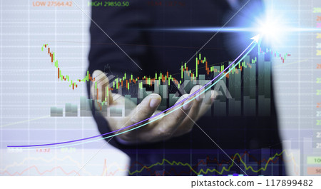 Business or trader is showing growing virtual hologram stocks, investing in trading.Business success concept . concept wealth stock investment.Business growth in the digital age. business growth. 117899482