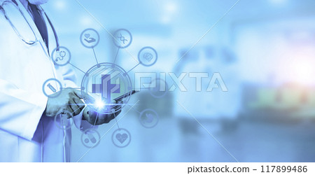 Doctor holding stethoscope work using smart phone with virtual screen interface technology. Use network connect to Internet. Medical technology diagnosis of health concept screen analysis technology. 117899486