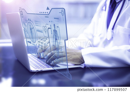 Doctor holding stethoscope works using laptop with virtual screen interface technology. Use network connect to the Internet. Medical technology diagnosis of health concept screen analysis technology.. Doctor holding stethoscope works using laptop with virtual screen interface technology. Use network connect to the Internet. Medical technology diagnosis of health concept screen analysis technology.. 117899507