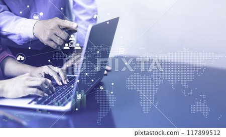 Business working using laptop on Futuristic virtual screen interface Technology. networks internet connection Wireless devices around the world Information technology is essential for businesses. Business working using laptop on Futuristic virtual screen interface Technology. networks internet connection Wireless devices around the world Information technology is essential for businesses. 117899512