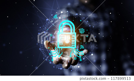 Cyber security concept protect information on internet network. Business scan keys unlock the screen with virtual screen interface to enter the network, futuristic virtual screen interface technology 117899513