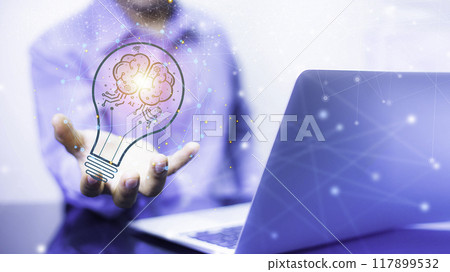Businessman Touching Icon Bulb.Concept of Ideas for success.Concept with innovation inspiration.Success start from new ideas to innovative technology relying on information from the internet big data 117899532