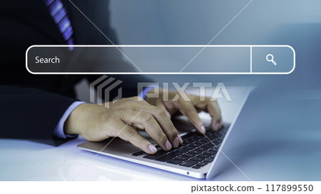 Technology Search Engine Optimization Concept . Businessman click Internet Data Search  Engine. Internet browsing Information network concept. Hand is using laptop to find information using Search. 117899550
