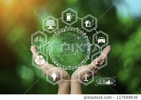 eco friendly energy. Innovation technology eco green concept. Icon bulb energy sources for renewable on green blur background.Concept with innovation inspiration. Idea innovative from the big data eco friendly energy. Innovation technology eco green concept. Icon bulb energy sources for renewable on green blur background.Concept with innovation inspiration. Idea innovative from the big data 117899636