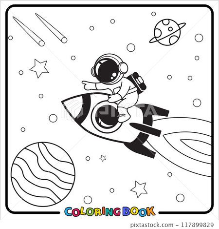 Doodle Astronaut Cartoon, coloring book , Line art, worksheet, kids 117899829