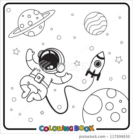 Doodle Astronaut Cartoon, coloring book , Line art, worksheet, kids 117899830