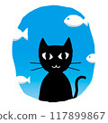 Black cat icon in the blue sky with fish clouds 117899867