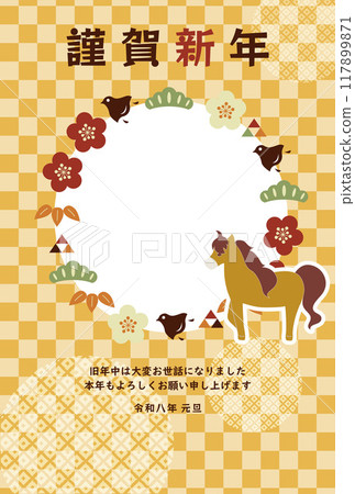 New Year's card postcard material with a photo frame illustration of the horse motif for the year of the horse in 2026, Japanese style New Year's card postcard material with a photo frame illustration of the horse motif for the year of the horse in 2026, Japanese style 117899871