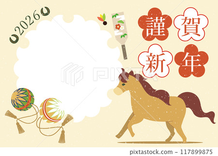 New Year's card postcard material with a photo frame illustration of the horse motif for the year of the horse in 2026, Japanese style 117899875