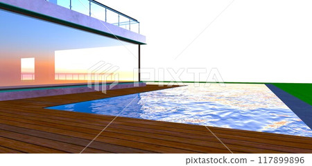 A rooftop pool on the second level of a countryside estate, with direct access to the water from the decked terrace. 3D rendering. 117899896
