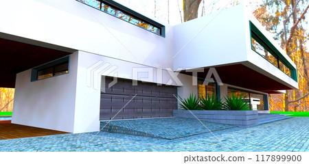 Aluminum lift gates of a newly built high-tech country mansion's integrated garage, set against an autumn landscape. 3D rendering. 117899900