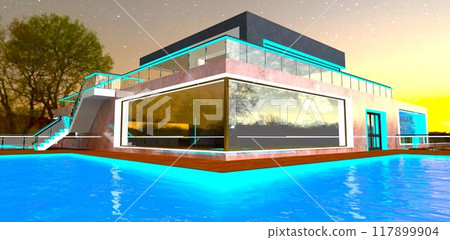 Beautiful blue water glows in a rooftop terrace pool of an elite private cottage at night. 3D rendering. 117899904