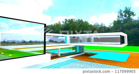 Beautiful high-tech country house with a pool on a green meadow, set against a dense forest backdrop. Cantilevered second-floor structures. 3D rendering. 117899905