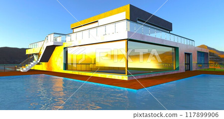 Bright sunlight reflects off the mirrored corner window of a mountain country house. Pool on the terrace. 3D rendering. Bright sunlight reflects off the mirrored corner window of a mountain country house. Pool on the terrace. 3D rendering. 117899906