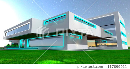 Cubist box-like structures of private luxury country housing at night. 3D rendering. 117899911
